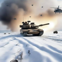 A detailed image of an M1 Abrams tank in a snowy landscape, with helicopters flying overhead, soldiers in the background, and explosions occurring all around