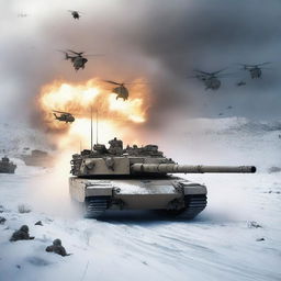 A detailed image of an M1 Abrams tank in a snowy landscape, with helicopters flying overhead, soldiers in the background, and explosions occurring all around