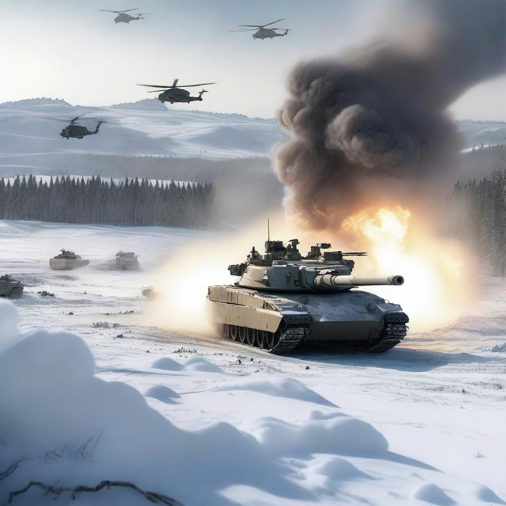 A detailed image of an M1 Abrams tank in a snowy landscape, with helicopters flying overhead, soldiers in the background, and explosions occurring all around