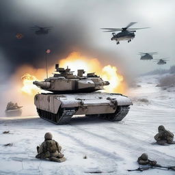 A detailed image of an M1 Abrams tank in a snowy landscape, with helicopters flying overhead, soldiers in the background, and explosions occurring all around