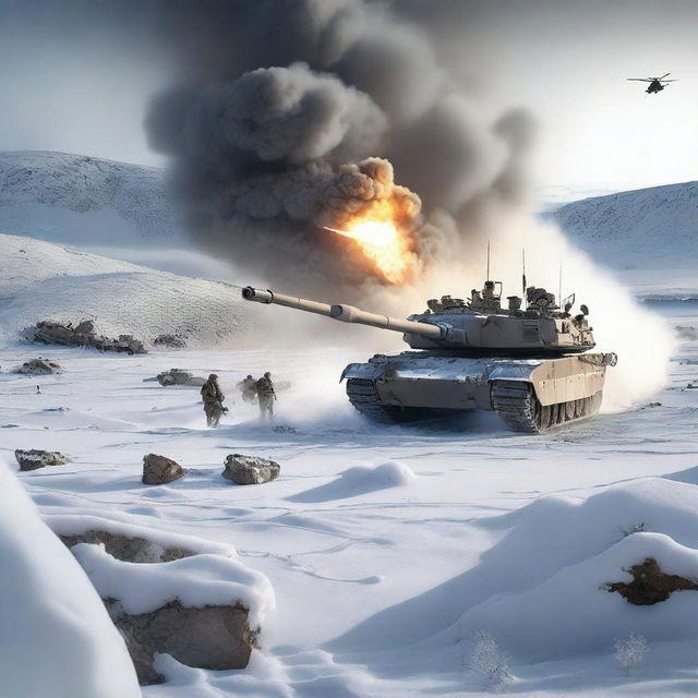 A detailed image of an M1 Abrams tank in a snowy landscape, with helicopters flying overhead, soldiers in the background, and explosions occurring all around