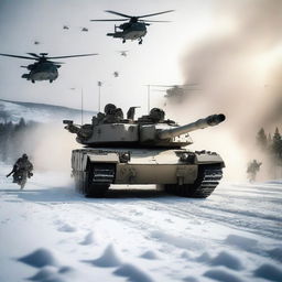 A detailed image of an M1 Abrams tank in a snowy landscape, with helicopters flying overhead, soldiers in the background, and explosions occurring all around