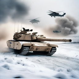 A detailed image of an M1 Abrams tank in a snowy landscape, with helicopters flying overhead, soldiers in the background, and explosions occurring all around