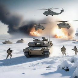 A detailed image of an M1 Abrams tank in a snowy landscape, with helicopters flying overhead, soldiers in the background, and explosions occurring all around