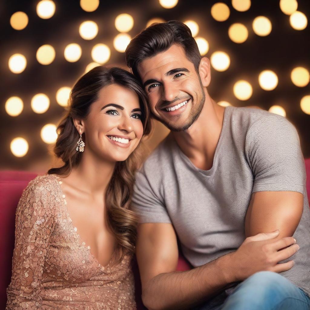 Una pareja participando en un reality show de romance, con un ambiente de estudio de televisión, luces brillantes y cámaras enfocadas en ellos