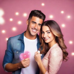 Una pareja participando en un reality show de romance, con un ambiente de estudio de televisión, luces brillantes y cámaras enfocadas en ellos