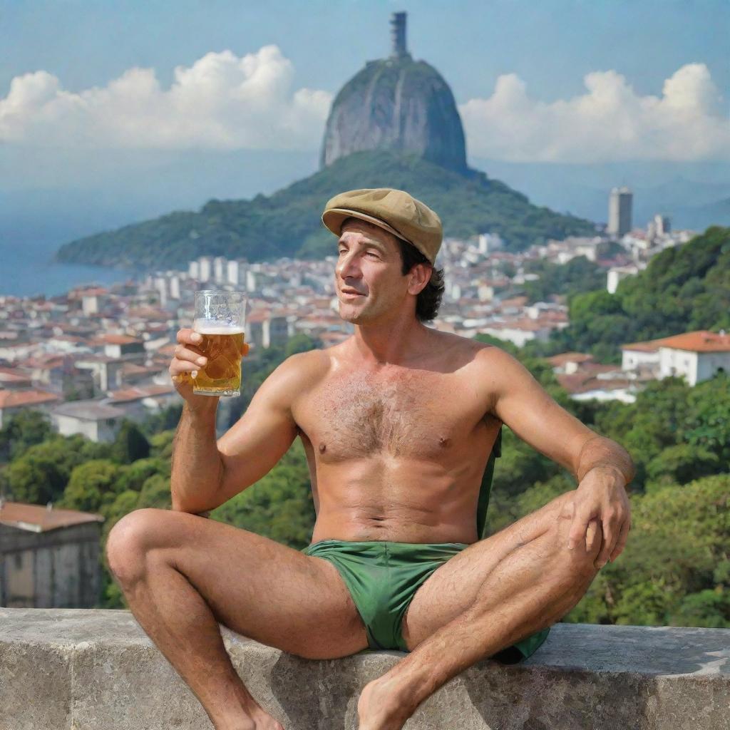 A humorous image of the character 'Seu Madruga' from the show 'Chaves', casually sipping a beer while relaxing in a distinctly Brazilian setting, with iconic landmarks such as the Christ the Redeemer statue and Sugarloaf Mountain in the background.