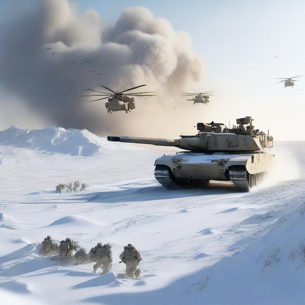 A detailed image of an M1 Abrams tank in a snowy landscape, with helicopters flying overhead, soldiers in the background, and explosions occurring all around