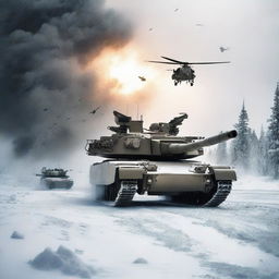 A detailed image of an M1 Abrams tank in a snowy landscape, with helicopters flying overhead, soldiers in the background, and explosions occurring all around