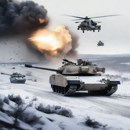 A detailed image of an M1 Abrams tank in a snowy landscape, with helicopters flying overhead, soldiers in the background, and explosions occurring all around