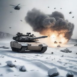 A detailed image of an M1 Abrams tank in a snowy landscape, with helicopters flying overhead, soldiers in the background, and explosions occurring all around