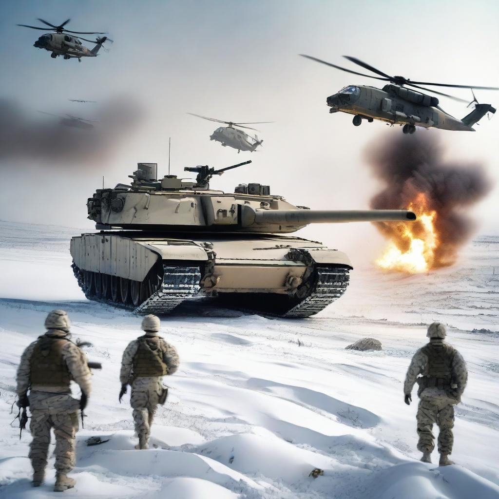 A detailed image of an M1 Abrams tank in a snowy landscape, with helicopters flying overhead, soldiers in the background, and explosions occurring all around