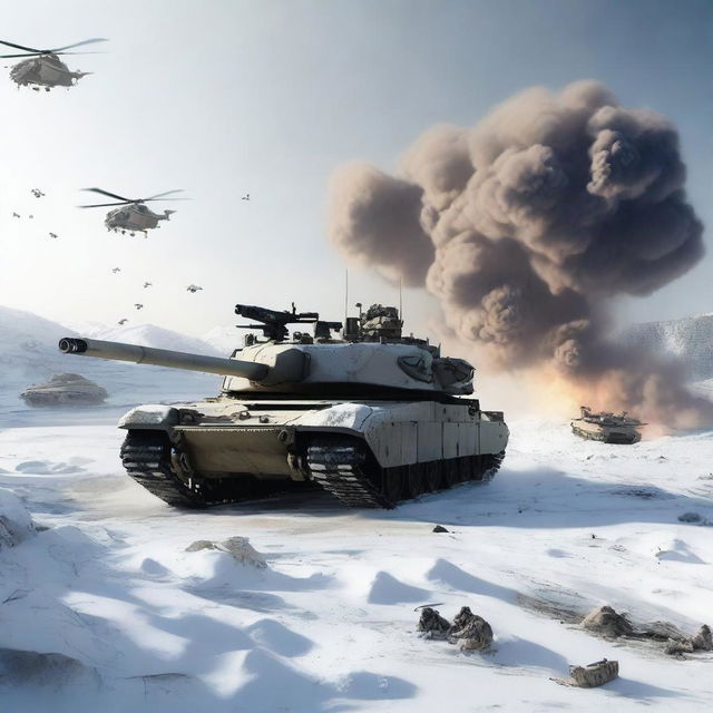 A detailed image of an M1 Abrams tank in a snowy landscape, with helicopters flying overhead, soldiers in the background, and explosions occurring all around