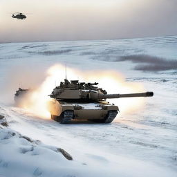 A detailed image of an M1 Abrams tank in a snowy landscape, with helicopters flying overhead, soldiers in the background, and explosions occurring all around