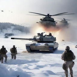 A detailed image of an M1 Abrams tank in a snowy landscape, with helicopters flying overhead, soldiers in the background, and explosions occurring all around