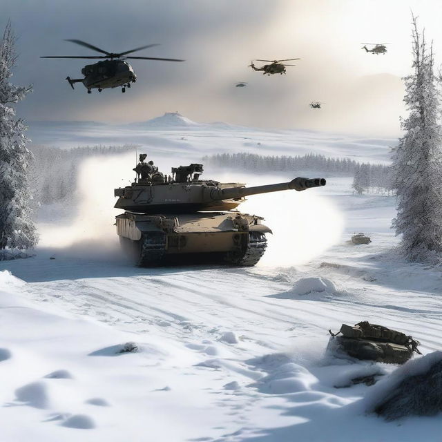 A detailed image of an M1 Abrams tank in a snowy landscape, with helicopters flying overhead, soldiers in the background, and explosions occurring all around