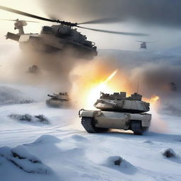 A detailed image of an M1 Abrams tank in a snowy landscape, with helicopters flying overhead, soldiers in the background, and explosions occurring all around