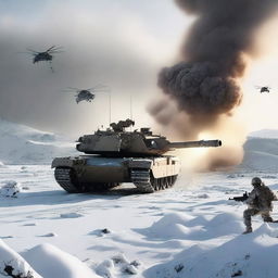 A detailed image of an M1 Abrams tank in a snowy landscape, with helicopters flying overhead, soldiers in the background, and explosions occurring all around