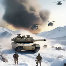 A detailed image of an M1 Abrams tank in a snowy landscape, with helicopters flying overhead, soldiers in the background, and explosions occurring all around