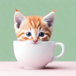 A raw photograph of an adorable kitten sitting inside a teacup