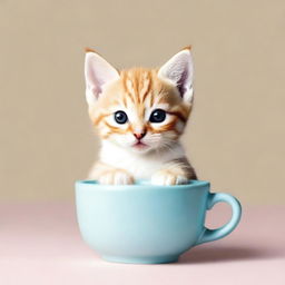 A raw photograph of an adorable kitten sitting inside a teacup