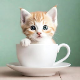 A raw photograph of an adorable kitten sitting inside a teacup