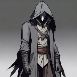 A human warlock in a grey coat with a hood over his head, featuring a white, brutal face and body