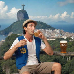 A humorous image of the character 'Seu Madruga' from the show 'Chaves', casually sipping a beer while relaxing in a distinctly Brazilian setting, with iconic landmarks such as the Christ the Redeemer statue and Sugarloaf Mountain in the background.