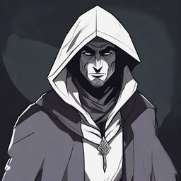 A human warlock in a grey coat with a hood over his head, featuring a white, brutal face and body