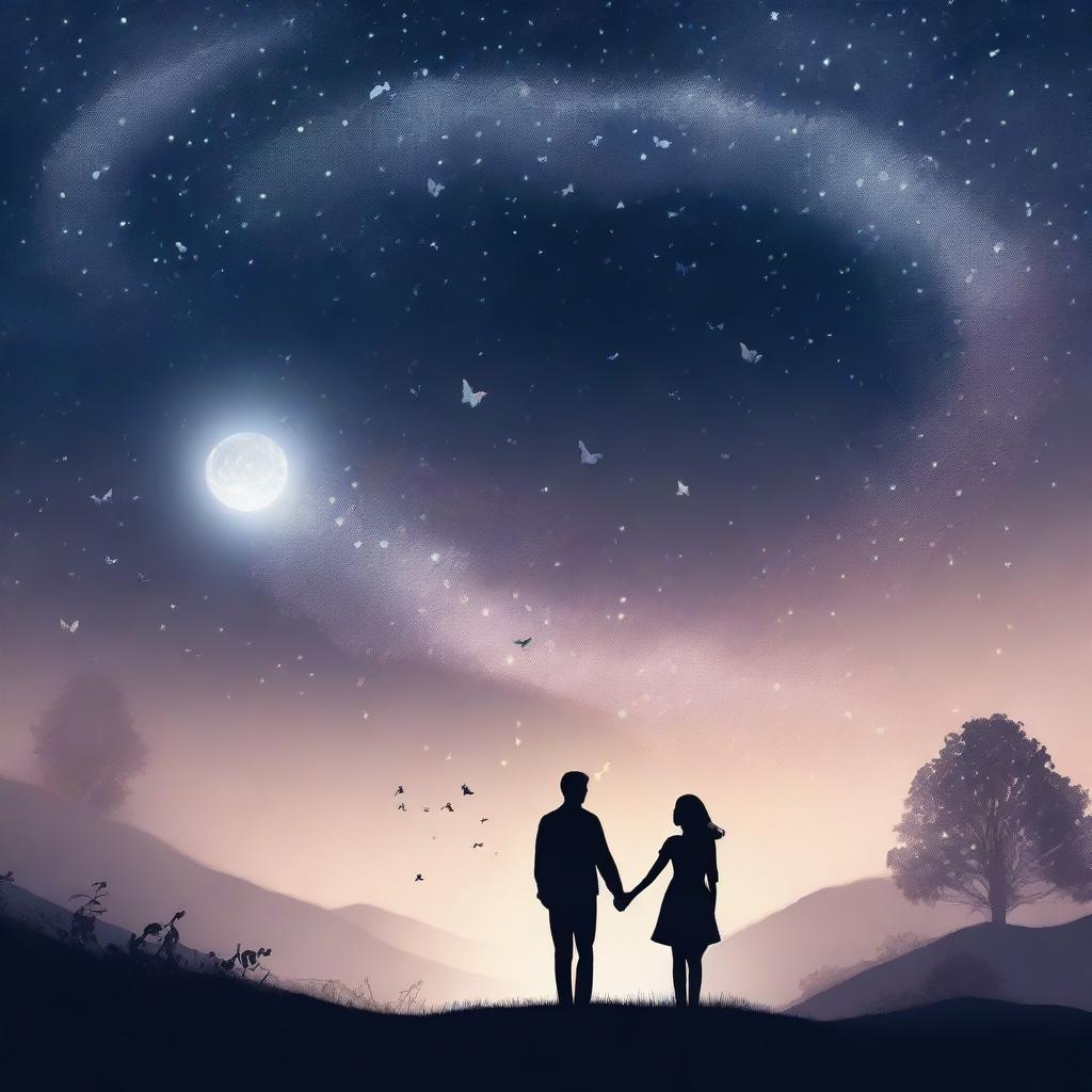 Underneath a vast, mesmerizing night sky filled with twinkling stars and swirling galaxies, a couple stands hand in hand on a hilltop, their silhouettes bathed in the soft glow of moonlight