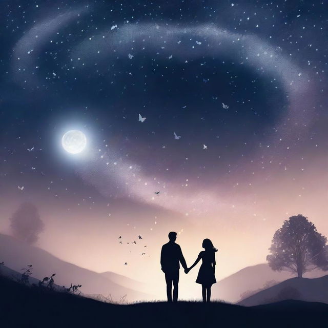 Underneath a vast, mesmerizing night sky filled with twinkling stars and swirling galaxies, a couple stands hand in hand on a hilltop, their silhouettes bathed in the soft glow of moonlight