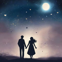 Underneath a vast, mesmerizing night sky filled with twinkling stars and swirling galaxies, a couple stands hand in hand on a hilltop, their silhouettes bathed in the soft glow of moonlight