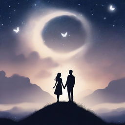 Underneath a vast, mesmerizing night sky filled with twinkling stars and swirling galaxies, a couple stands hand in hand on a hilltop, their silhouettes bathed in the soft glow of moonlight