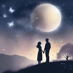 Underneath a vast, mesmerizing night sky filled with twinkling stars and swirling galaxies, a couple stands hand in hand on a hilltop, their silhouettes bathed in the soft glow of moonlight