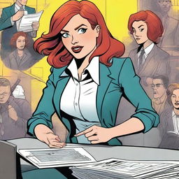 Create a comic book cover featuring a humorous scene with a 25-year-old woman who has red hair and is an FBI agent