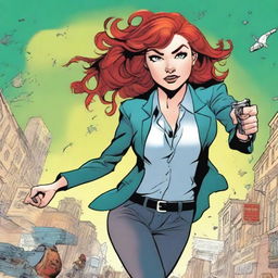 Create a comic book cover featuring a humorous scene with a 25-year-old woman who has red hair and is an FBI agent