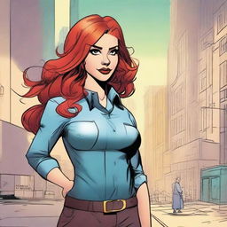 Create a comic book cover featuring a humorous scene with a 25-year-old woman who has red hair and is an FBI agent