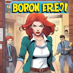 Create a comic book cover featuring a humorous scene with a 25-year-old woman who has red hair and is an FBI agent