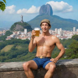 A humorous image of the character 'Seu Madruga' from the show 'Chaves', casually sipping a beer while relaxing in a distinctly Brazilian setting, with iconic landmarks such as the Christ the Redeemer statue and Sugarloaf Mountain in the background.