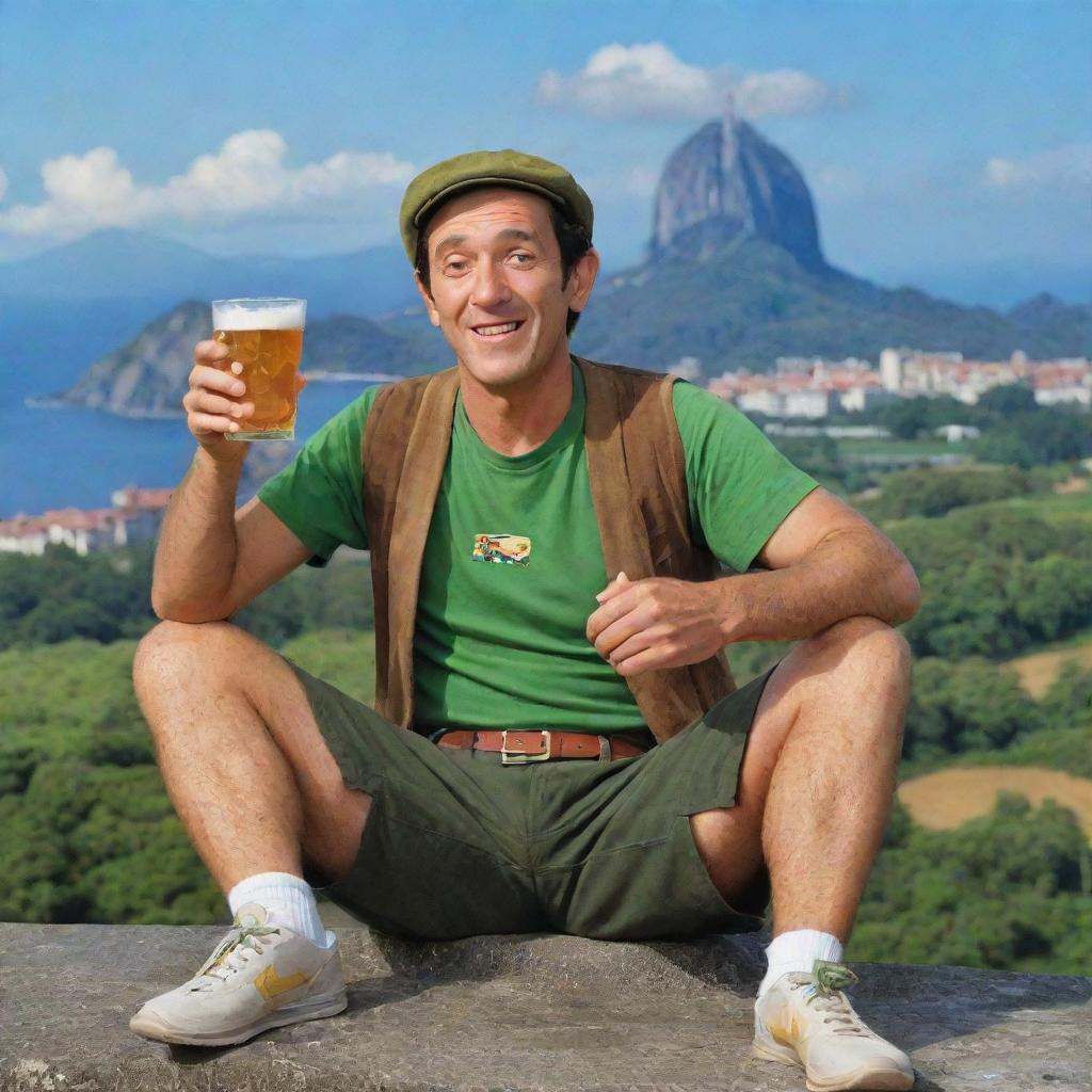 A humorous image of the character 'Seu Madruga' from the show 'Chaves', casually sipping a beer while relaxing in a distinctly Brazilian setting, with iconic landmarks such as the Christ the Redeemer statue and Sugarloaf Mountain in the background.