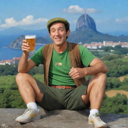 A humorous image of the character 'Seu Madruga' from the show 'Chaves', casually sipping a beer while relaxing in a distinctly Brazilian setting, with iconic landmarks such as the Christ the Redeemer statue and Sugarloaf Mountain in the background.