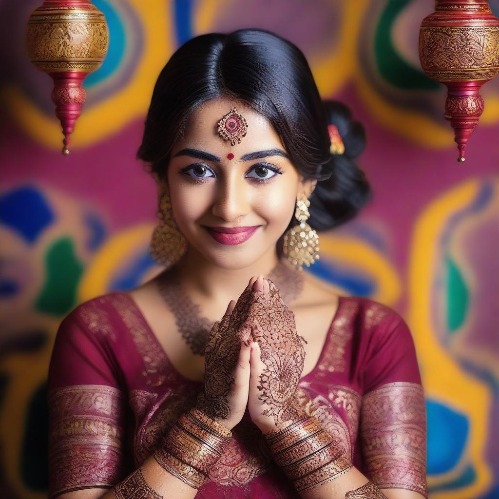 A beautiful Indian girl wearing traditional attire, with intricate henna designs on her hands and a serene expression on her face