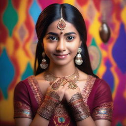 A beautiful Indian girl wearing traditional attire, with intricate henna designs on her hands and a serene expression on her face