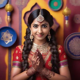 A beautiful Indian girl wearing traditional attire, with intricate henna designs on her hands and a serene expression on her face