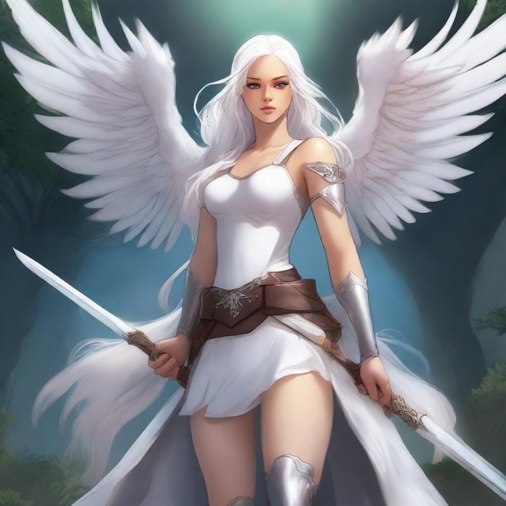 Create a comic book cover featuring an 18-year-old woman with long white hair and white angel wings, holding a sword in her hand