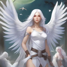 Create a comic book cover featuring an 18-year-old woman with long white hair and white angel wings, holding a sword in her hand