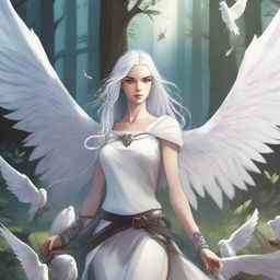 Create a comic book cover featuring an 18-year-old woman with long white hair and white angel wings, holding a sword in her hand