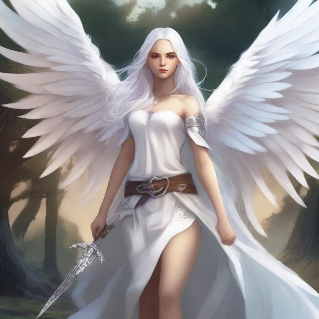 Create a comic book cover featuring an 18-year-old woman with long white hair and white angel wings, holding a sword in her hand