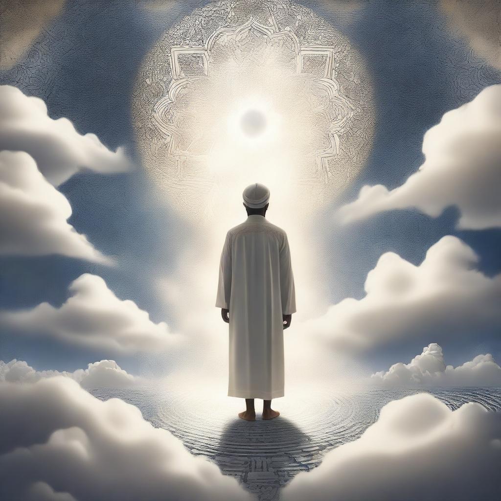 A serene and ethereal depiction of a man in the sky, surrounded by clouds and celestial light, inspired by Islamic art