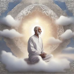 A serene and ethereal depiction of a man in the sky, surrounded by clouds and celestial light, inspired by Islamic art